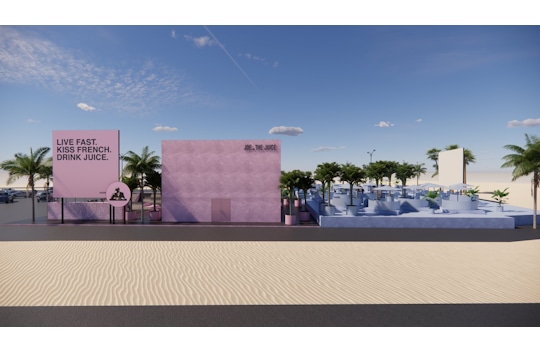  Immersive Architecture in Riyadh, a pop-up design by Studio Königshausen. The Riyadh pop-up for Joe and the Juice embodies the brand's essence with Miami-inspired aesthetics. Our standout feature is a lifeguard tower, combining black and pink hues for a true beach feel.